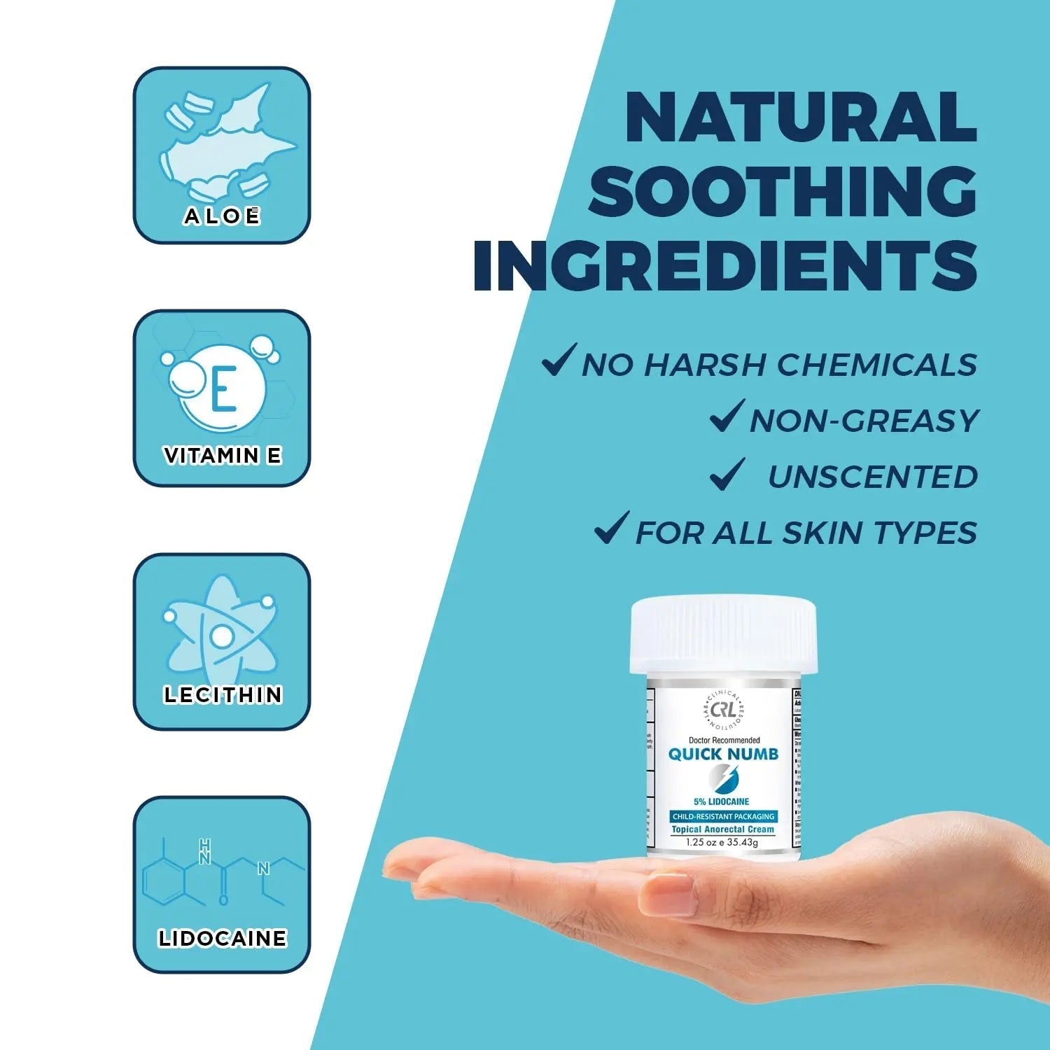 Quick Numb 5% Lidocaine Cream Maximum Strength Liposomal, Fast Itch Burn Pain Relief Cream with Aloe Allantoin Vitamin E, Gentle on Skin Support Healing Hemorrhoid Treatment 1.25 oz Clinical Resolution Au supplements