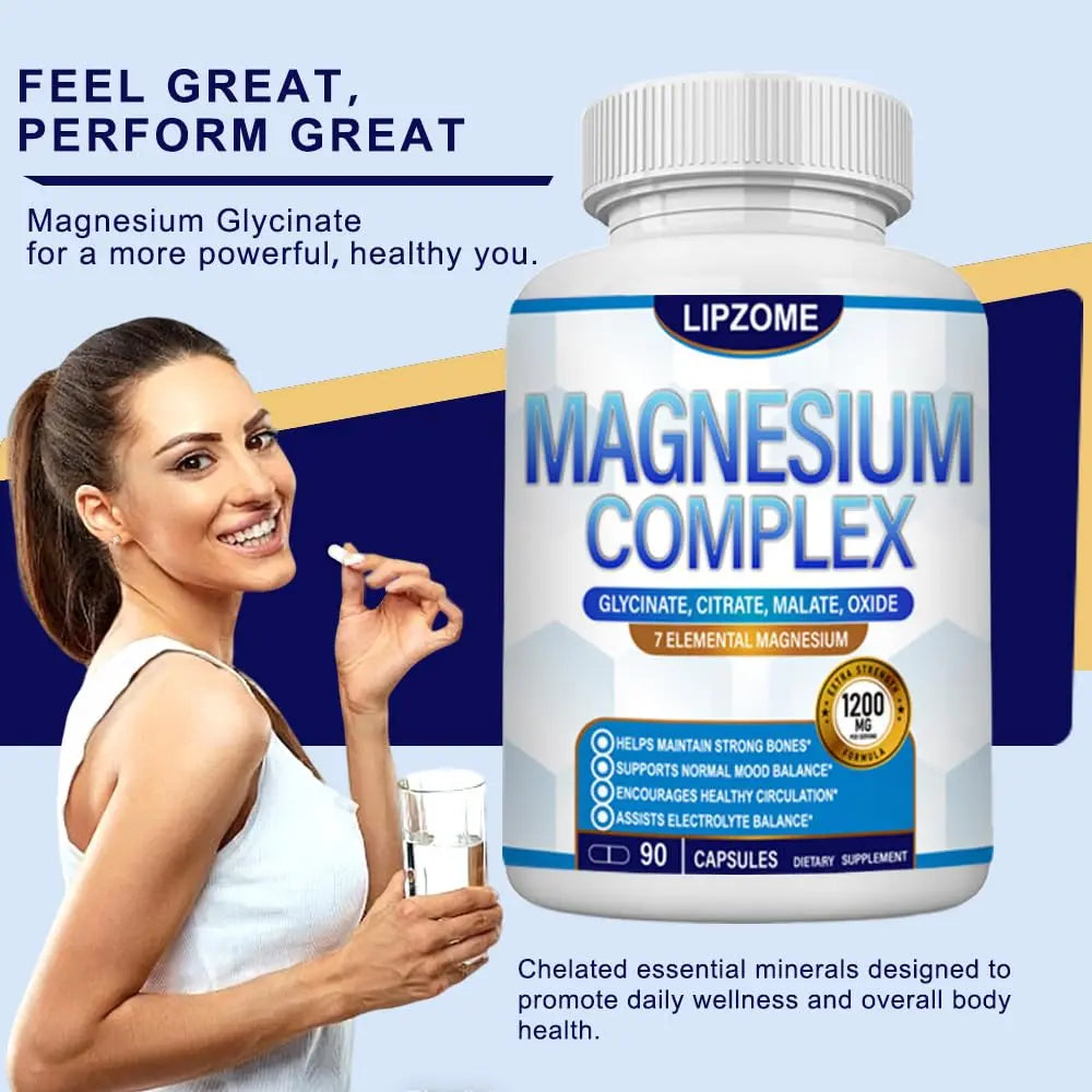 Magnesium Complex Supplement 1200mg - Advanced 7-in-1 Magnesium Blend - Glycinate, Citrate, Malate, Taurate, Oxide, Aspartate, Orotate – High Absorption Formula – Non-GMO, 90 Capsules Lipzome Au supplements