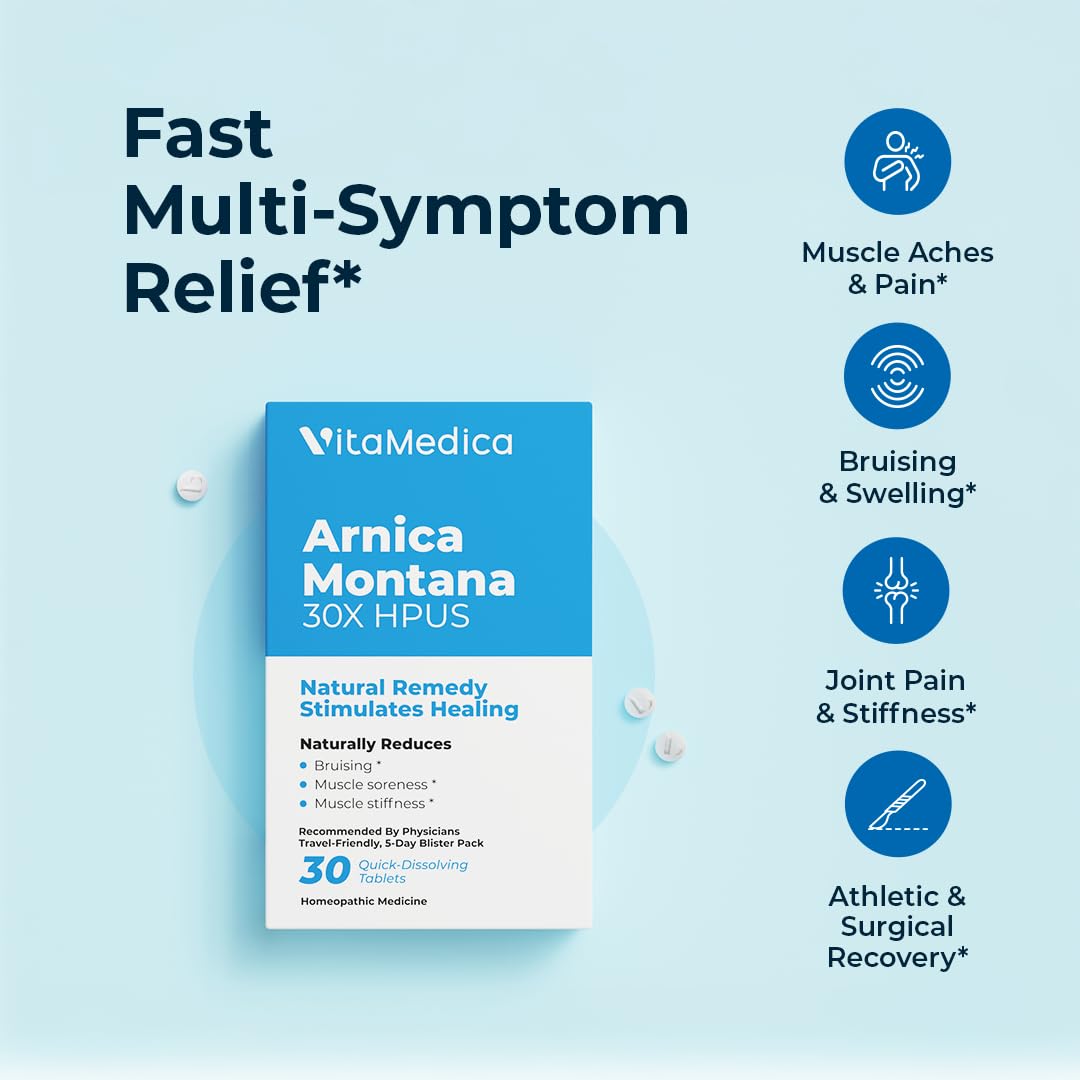 Arnica Montana 30X HPUS, Clinical Grade, Quick Dissolve Tablets, Five-Day Recovery Pack for Pain and Bruise Relief After Surgery or Injury, Natural Healing, Gentle on The Stomach - 30 Count VitaMedica Au supplements