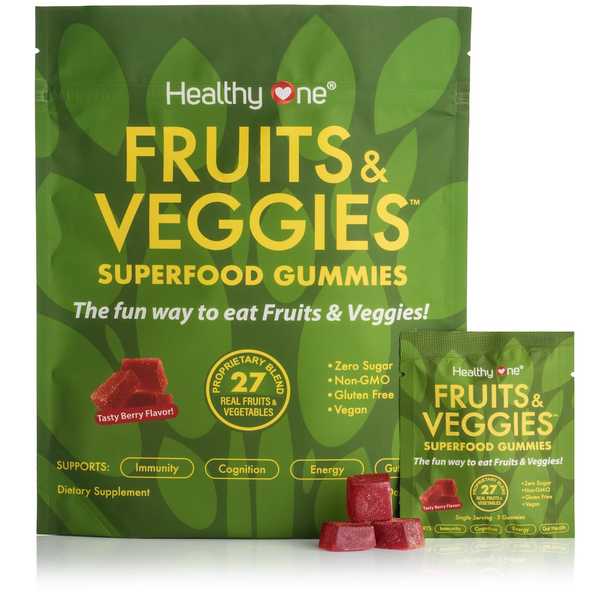 Fruits & Veggies Sugar-Free Gummies - 27 Whole Foods - Equals 3 Servings of Fruits & Vegetables - Improve Energy, Focus & Immune Function - Fiber - Antioxidants - Organic Ingredients - 14 Packets Healthy One Au supplements