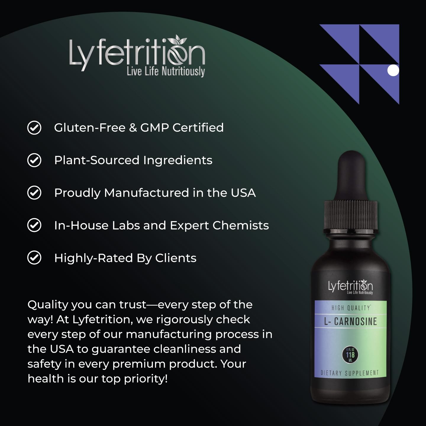 Lyfetrition L-Carnosine Liquid Supplement 118 ml, 4 FL Oz Liquid, 220 Servings, Made in USA, Quick Absorption, Potent Ingredients, Non-GMO Lyfetrition Au supplements