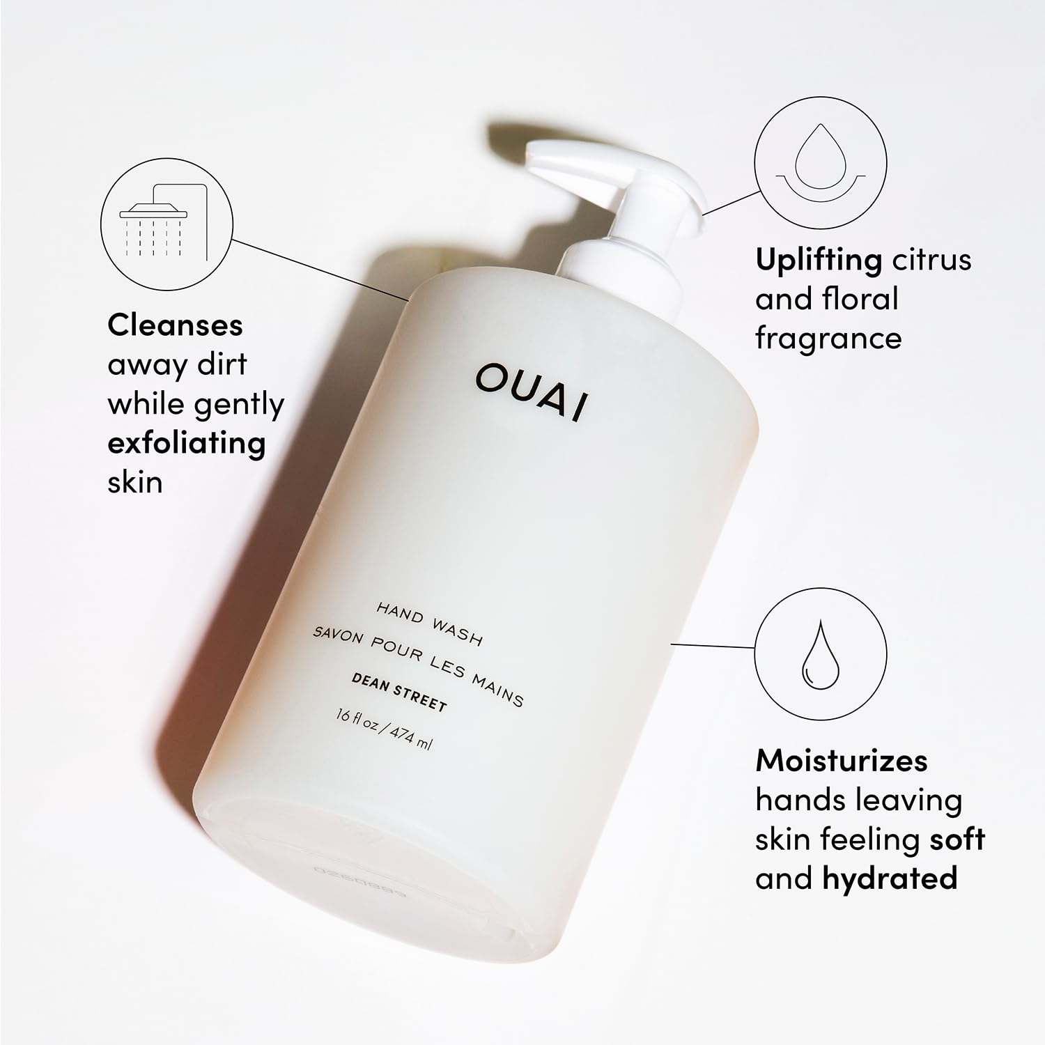 OUAI Hand Wash, Dean Street - Liquid Hand Soap with Jojoba, Avocado, & Rose Hip Oil for Replenished Skin - Gentle Exfoliating Kitchen & Bathroom Soap (16 Fl Oz) OUAI Au supplements