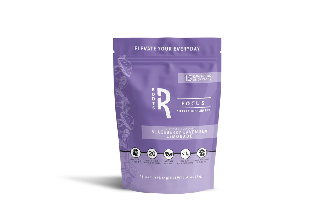 Roots Focus Brain Supplement - Nootropic Mushroom Supplement Powder for Memory, Focus, Energy - Lion's Mane, Cordyceps, and Reishi Mushrooms with Caffeine - Blackberry Lemonade, 15 On the Go Packets Silver Star Nutrition Au supplements