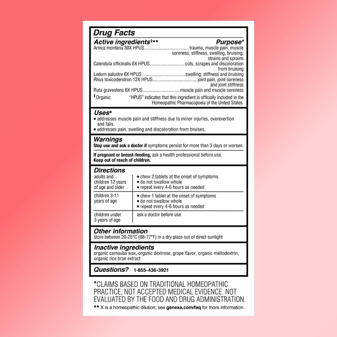 Genexa Arnica Tablets for Pain Relief Formula | Alleviate Muscle & Joint Pain, Soreness, & Stiffness | Delicious Organic Grape Flavor | Homeopathic Remedy Made Clean | 300 Chewable Tablets (3 Pack) Genexa Au supplements