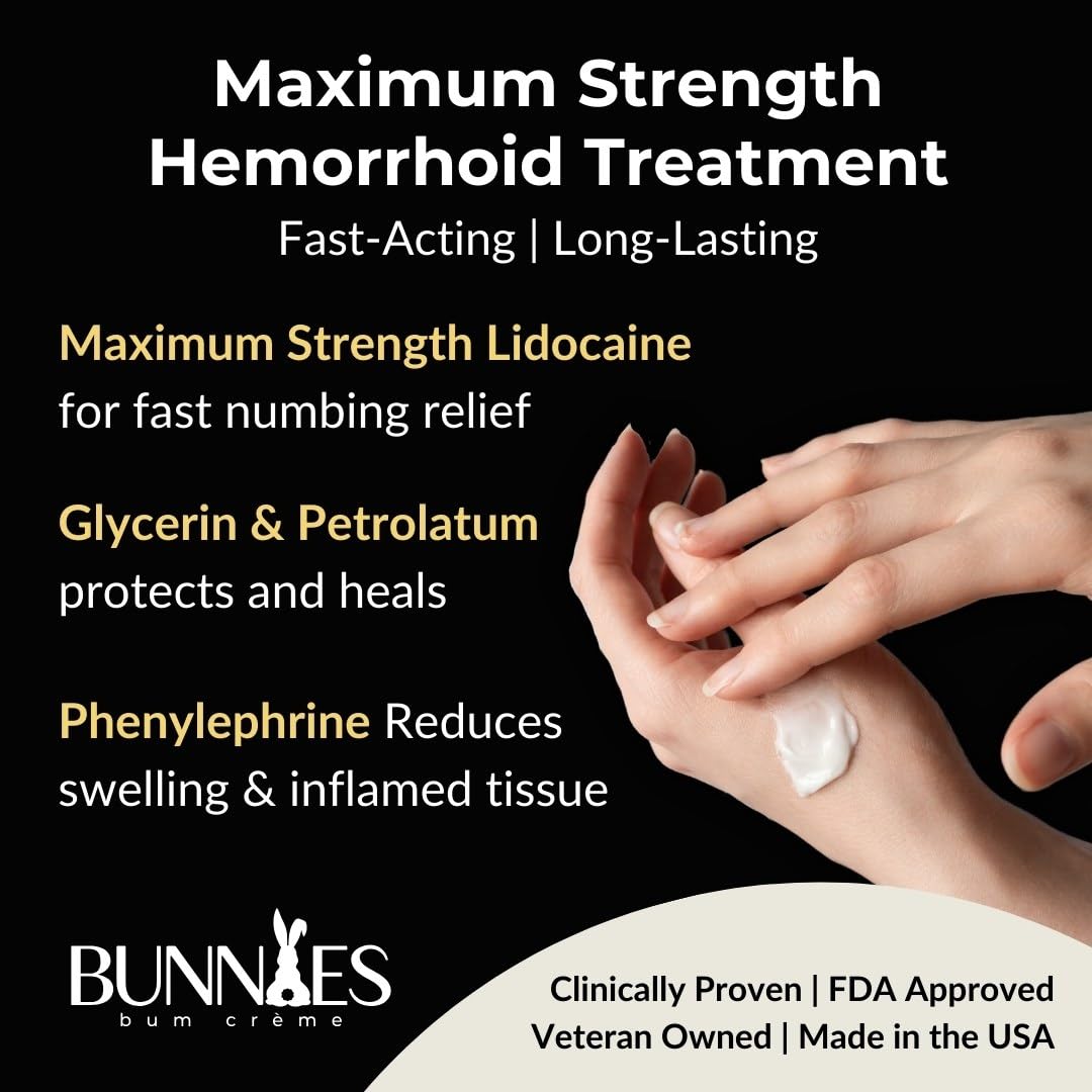 BUNNIES BUM CRÈME 5% Lidocaine Rapid Hemorrhoid Soothing Cream, 2 oz, Maximum Strength for Fast Acting for Pain, Burning, Itching, Swelling & Discomfort. BUNNIES BUM CRÈME Au supplements