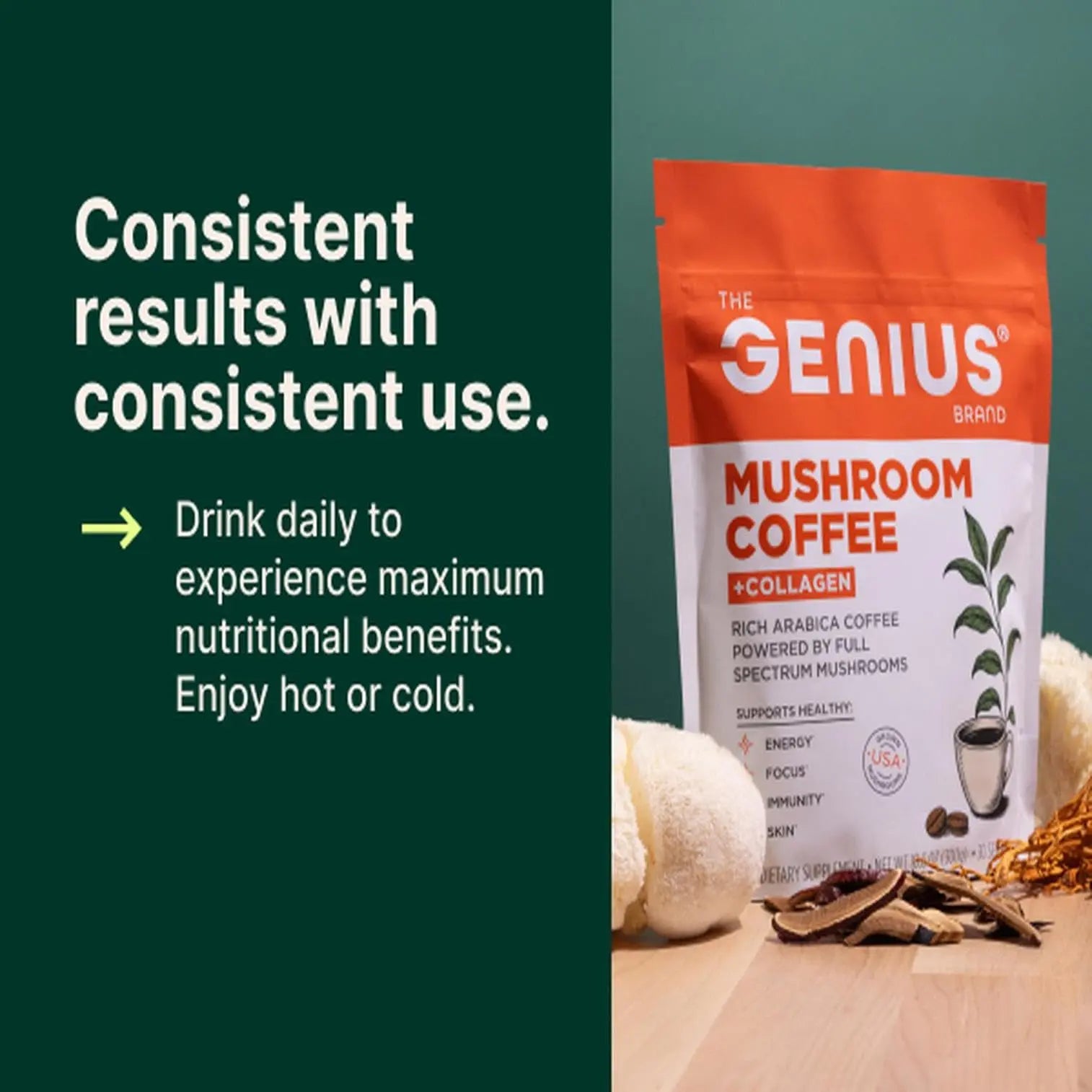 The Genius Brand Organic Mushroom Coffee + Collagen - Daily Energy Support - Healthy Immune Function - Arabica Coffee with Cordyceps, Reishi & Lion's Mane Mushroom Blend - 10.6 oz (30 Servings) The Genius Brand Au supplements