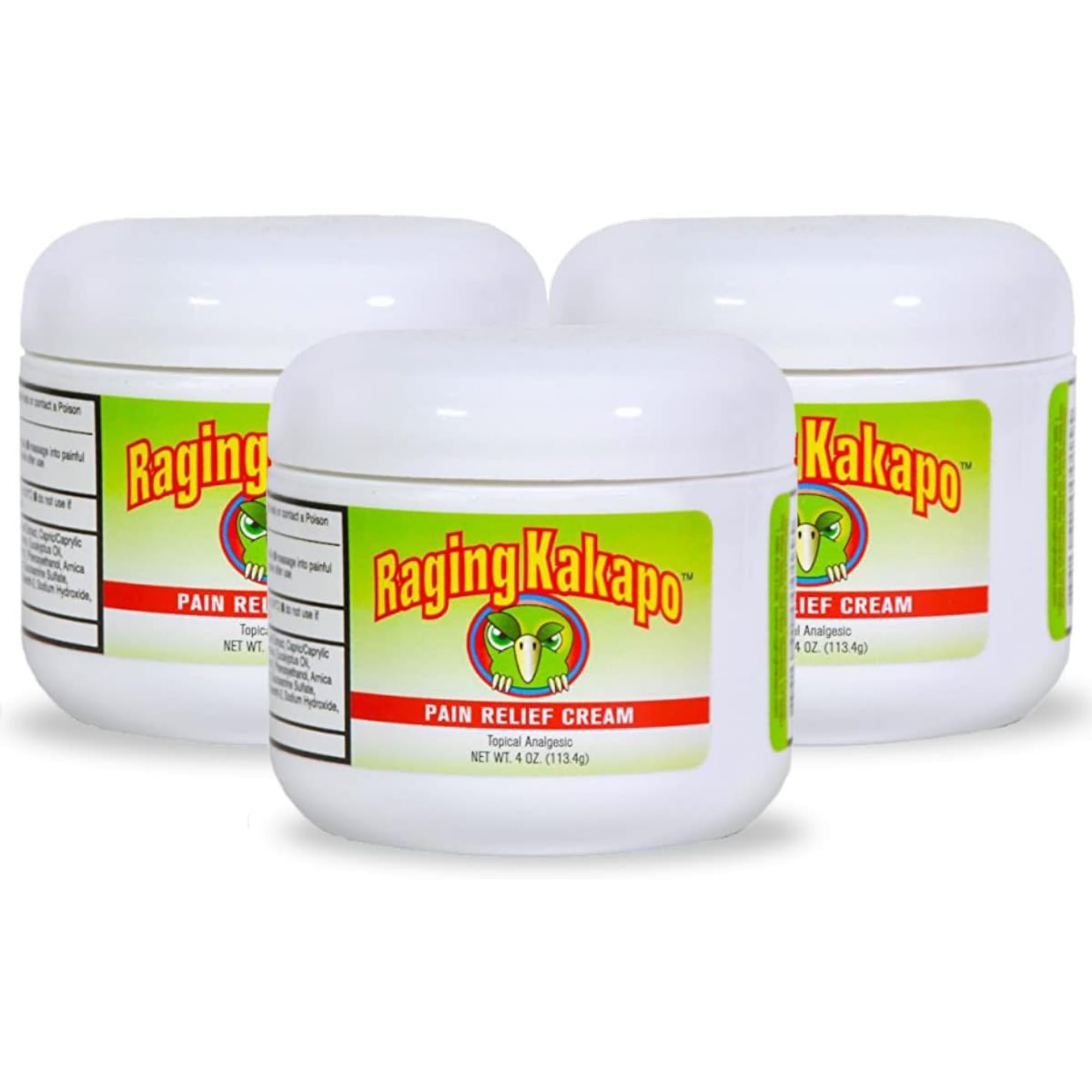 Raging Kakapo Pain Relief Cream 3 Pack - Sore Muscles, Joint Pain & Aches - Odor Free, Non-Greasy Pain Cream - Histamine Dihydrochloride, Capsaicin, Emu Oil, Arnica & More, 4 oz. Jar Raging Kakapo Au supplements