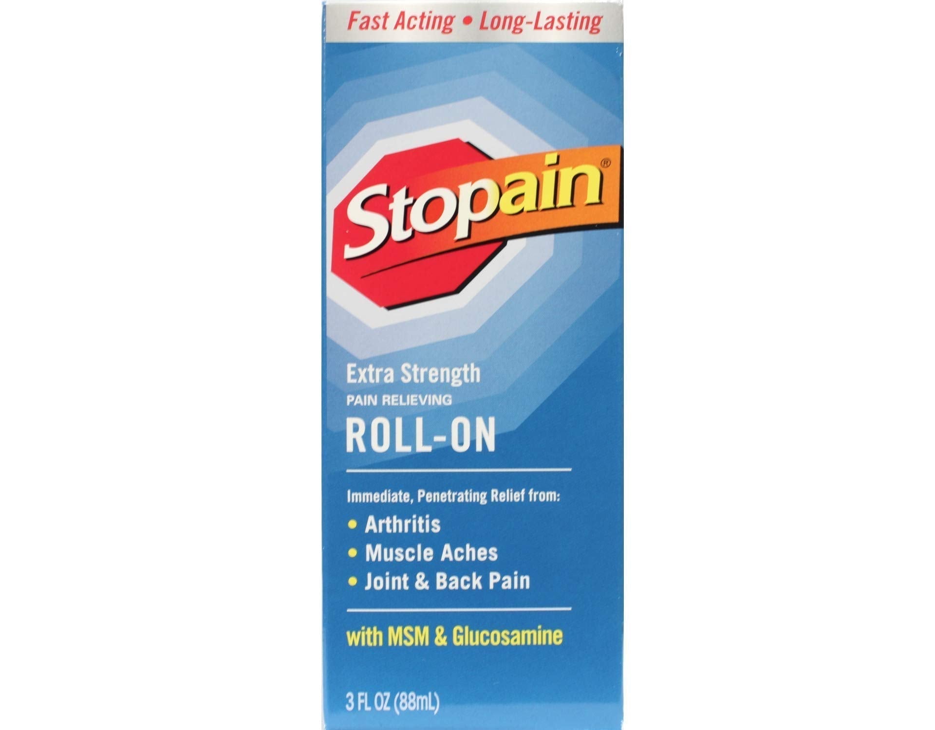 Stopain Pain Relief Roll On Gel 3oz (4 Pack) USA Made, Max Strength Fast Acting with MSM, Glucosamine, Menthol for Lower Back, Knee, Neck, HSA FSA Approved Topical Analgesic Products Stopain Au supplements