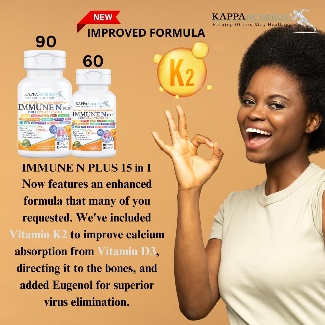 (60 Capsules), NAC 600mg, Quercetin 1,000mg, Vitamin C 500mg, Zinc 50mg, Vitamin D3 5,000iu, Selenium, Copper, Acerola, Ginger, Rutin, Citrus Bioflavonoids, Rose Hips, Echinacea, Immune N Plus 15 in 1 KAPPA NUTRITION Au supplements