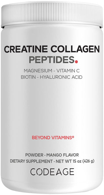 Codeage Creatine Collagen Peptides - Creatine Monohydrate Powder Supplement, Wild-Caught Marine Collagen, Biotin, Magnesium, Vitamin C, Hyaluronic Acid - Mango Flavored - Non-GMO - 15 Oz Codeage Au supplements