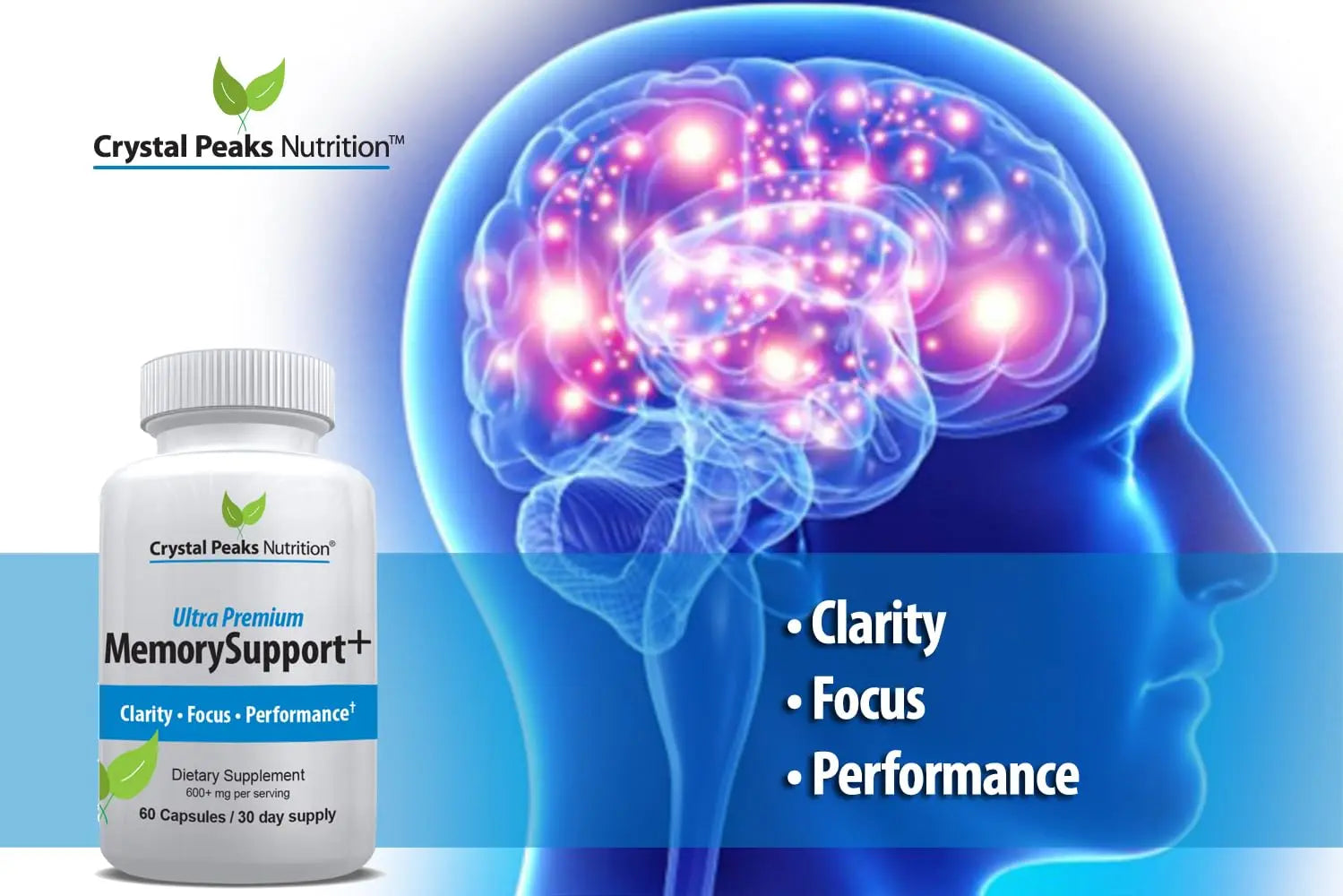 Memory Boost + Brain Support Supplement – Nootropic for Focus, Concentration, Memory. Enhanced Energy, Recall and Alertness - 60 Capsules/30-day Supply. CRYSTAL PEAKS NUTRITION Au supplements