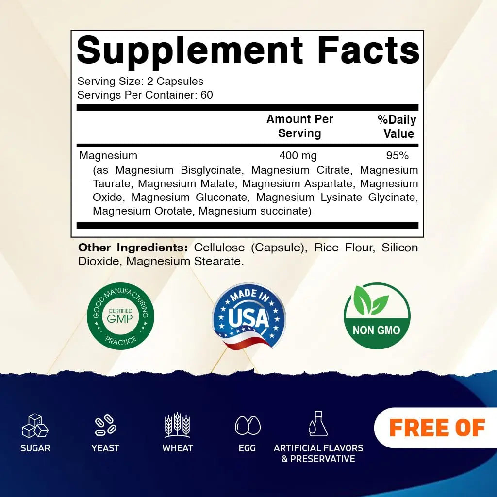 Vitamatic Magnesium Complex, 400mg Elemental MG (as Bisglycinate, Citrate, Taurate, Malate, Aspartate, Oxide, Gluconate, Lysinate Glycinate, Orotate, Succinate) - 120 Capsules per Pack - 2 Pack Vitamatic Au supplements