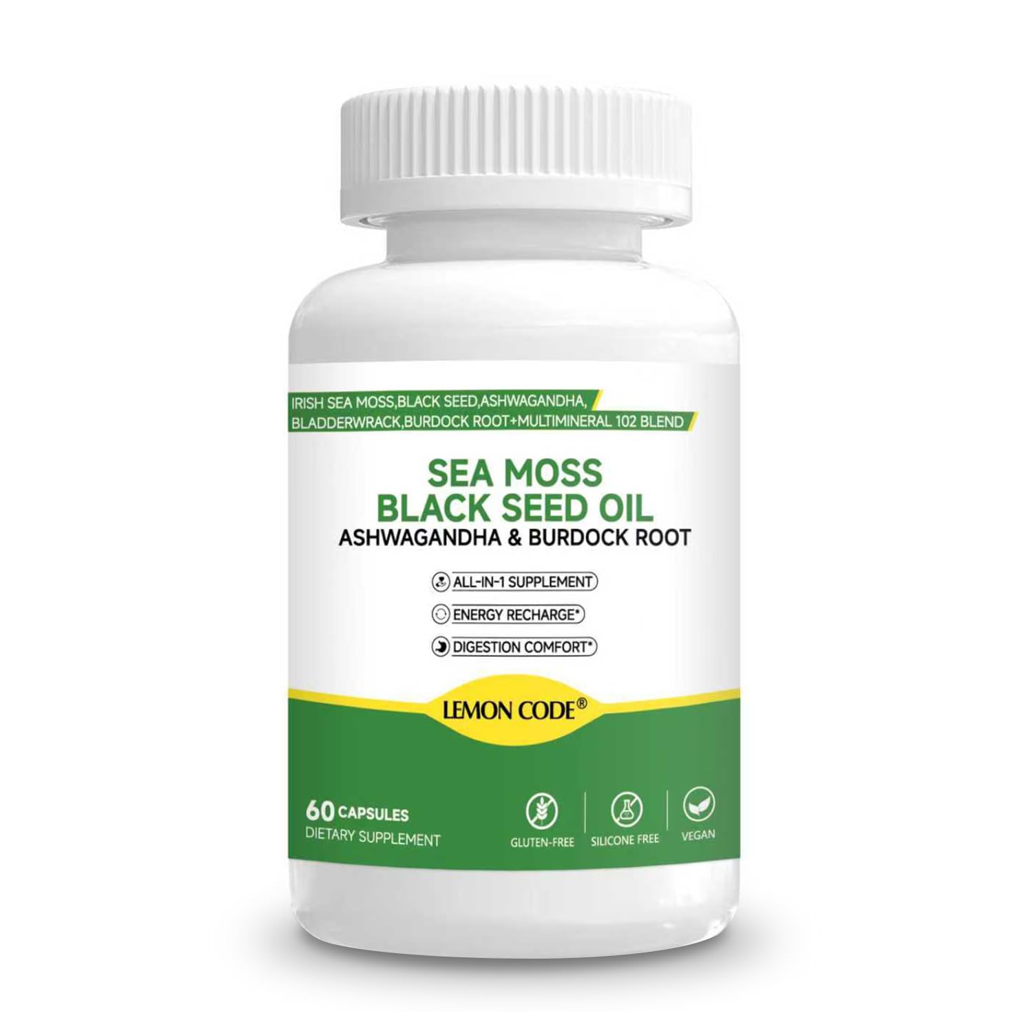 LEMON CODE Sea Moss & Black Seed Oil Capsules with Burdock & Bladderwrack & Ashwagandha, Vitamin C&D,Natural Herbal Complex for Daily Balance, Energy & Digestive Support, Vegan, Non-GMO, 60 Capsules LEMON CODE Au supplements