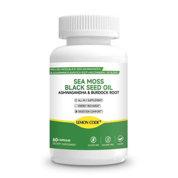 LEMON CODE Sea Moss & Black Seed Oil Capsules with Burdock & Bladderwrack & Ashwagandha, Vitamin C&D,Natural Herbal Complex for Daily Balance, Energy & Digestive Support, Vegan, Non-GMO, 60 Capsules LEMON CODE Au supplements