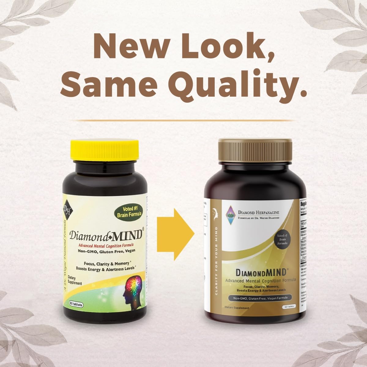 DiamondMIND Brain Support Supplement - Natural Formula for Mental Energy & Cognitive Function - Focus, Clarity, and Memory Supplement - Less Mental Stress - Vegan, Gluten-Free, Dairy-Free - (60 Count) Herpanacine Au supplements