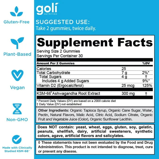 Goli Ashwagandha & Vitamin D Gummy - 180 Count - Mixed Berry, KSM-66, Vegan Goli Au supplements