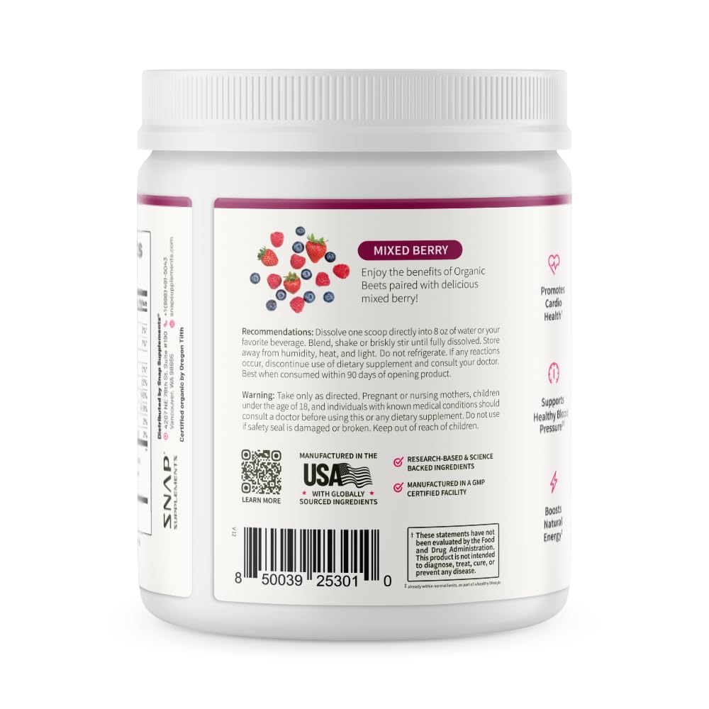 Snap Supplements Organic Beet Root Powder Nitric Oxide Supplement for Men & Women, Red Spinach & Pomegranate, Supports Healthy Energy & Blood Pressure Already in Normal Range, 30 Servings, Mixed Berry Snap Supplements Au supplements