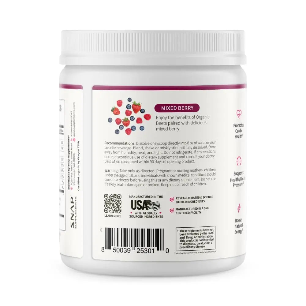Snap Supplements Organic Beet Root Powder Nitric Oxide Supplement for Men & Women, Red Spinach & Pomegranate, Supports Healthy Energy & Blood Pressure Already in Normal Range, 30 Servings, Mixed Berry Snap Supplements Au supplements
