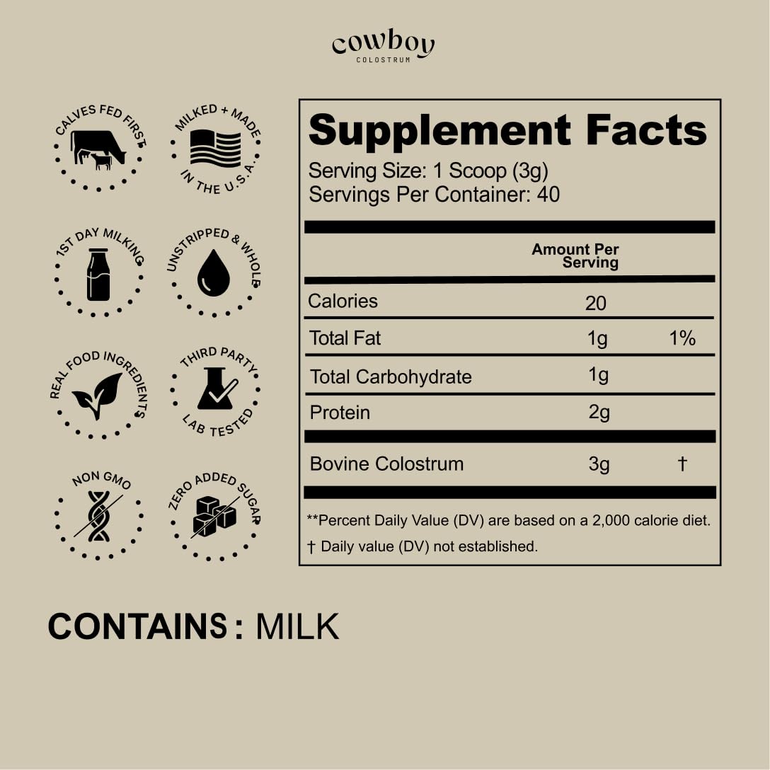 Cowboy - The Exclusive 1st Milking, Whole, Grass Fed Colostrum Supplement for Full Body Health - Bovine Colostrum Powder Packed w/Bioactive Nutrients - Sugar Free (Unflavored, 40 Servings) COWBOY COLOSTRUM Au supplements