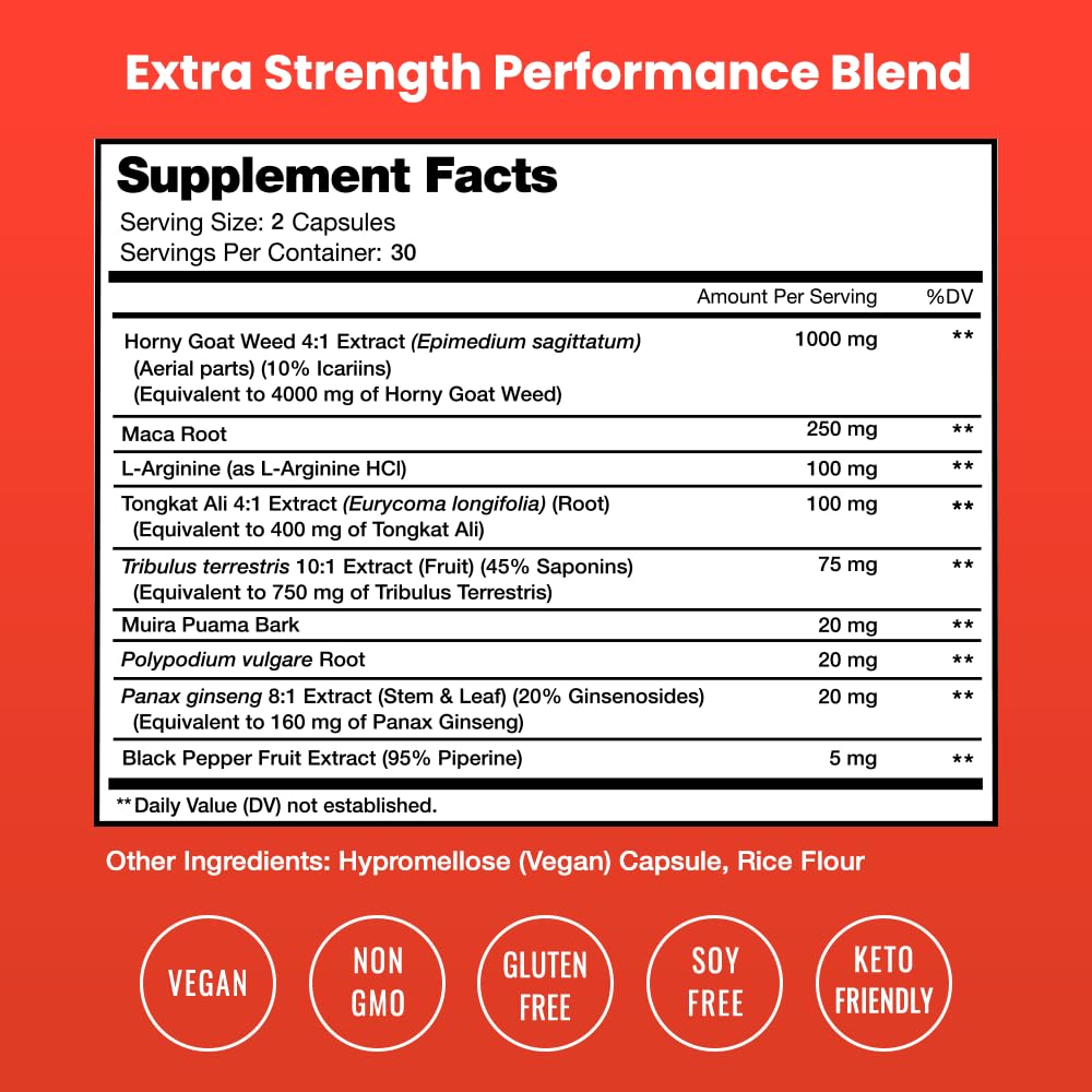 NutraChamps Horny Goat Weed, 1000mg Epimedium Energy Supplement, 10X Strength Icariin, Ginseng, Tribulus & Maca Pills for Women & Men, Enhanced Absorption with Black Pepper, 60 Vegan Capsules NutraChamps Au supplements