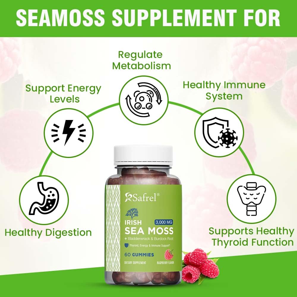 Safrel Irish Sea Moss Gummies 3000mg with Bladderwrack and Burdock Root, Thyroid Energy and Immune Support, Vegan Raspberry Flavor, 60 Gummies Safrel Au supplements