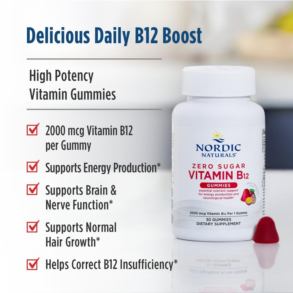 Nordic Naturals Zero Sugar Vitamin B12 Gummies - 2000 mcg Vitamin B12 per Gummy, Passion Fruit Guava Flavor - 30 Gummies, Essential Nutrient Support for Energy Production and Brain Health, 30 Servings Nordic Naturals Au supplements