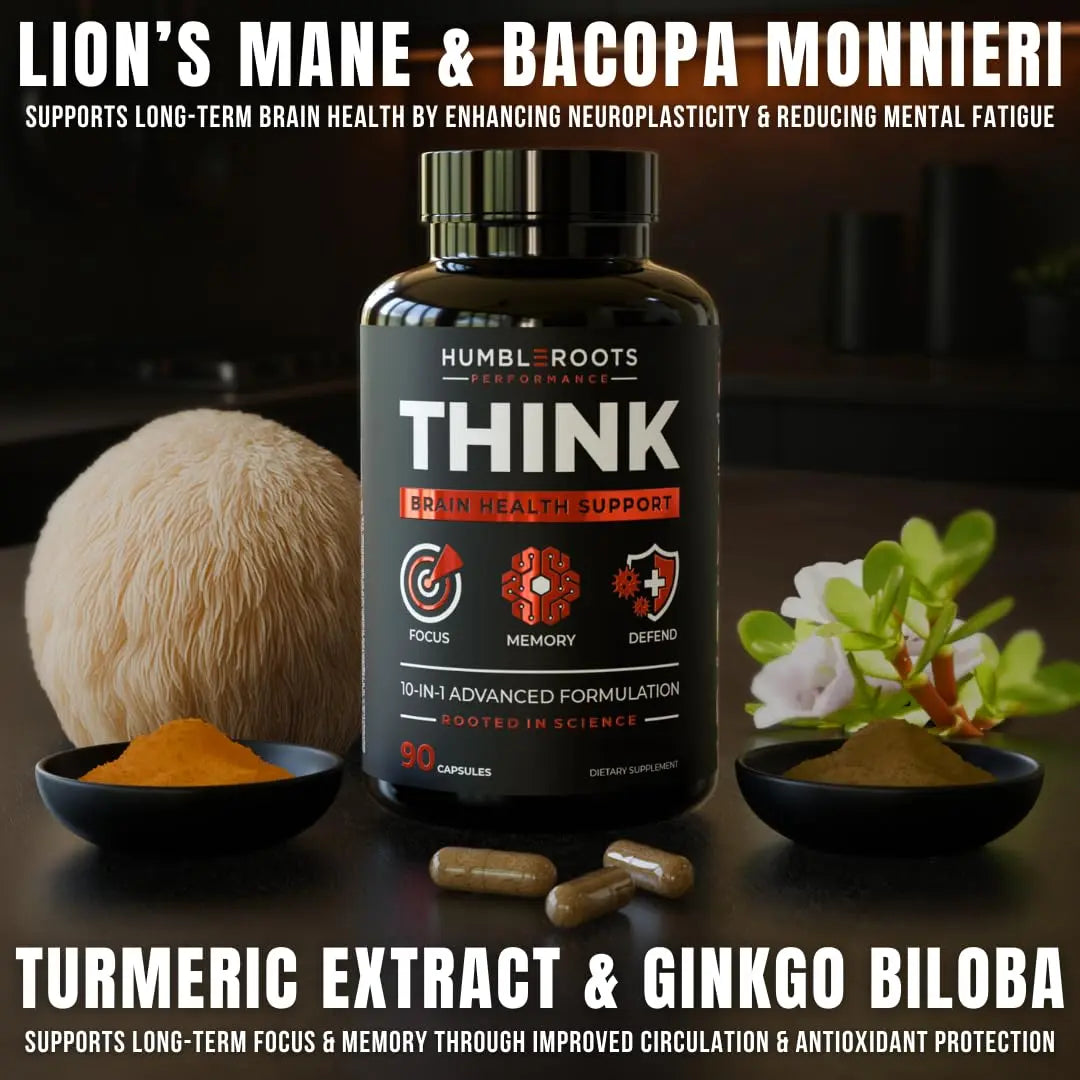 FOCUS + THINK Nootropic Brain Supplement Bundle - Energy, Memory & Focus Support - Caffeine + Caffeine-Free Cognitive Stack with Lion's Mane, Bacopa, Citicoline & L-Theanine - 2 Bottles (90 + 90 Capsu HUMBLEROOTS PERFORMANCE Au supplements