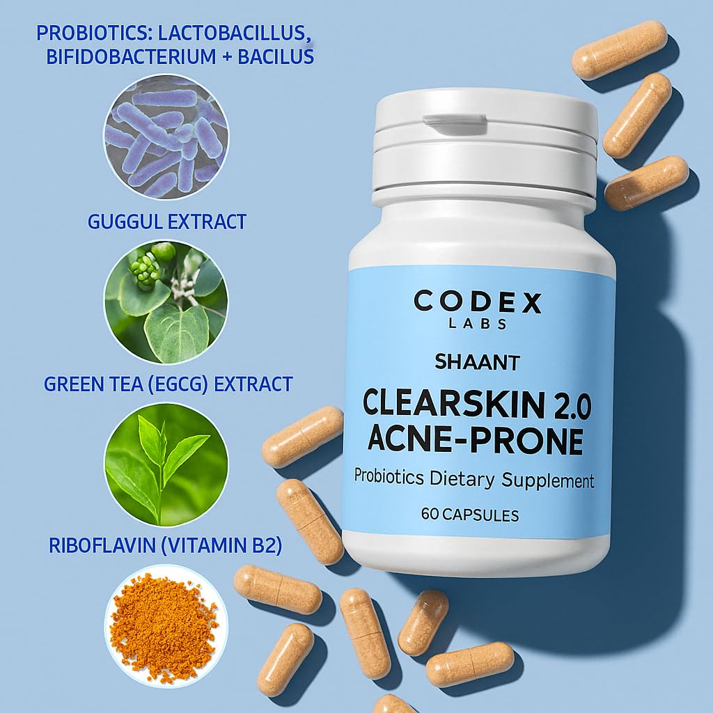 Codex Labs Shaant Clear Skin Supplement – 60 Vegan Capsules | Acne Probiotics with 9-Strain Blend, Green Tea EGCG & Guggul – Daily Support for Acne-Prone Skin & Clear Complexion Codex Labs Au supplements