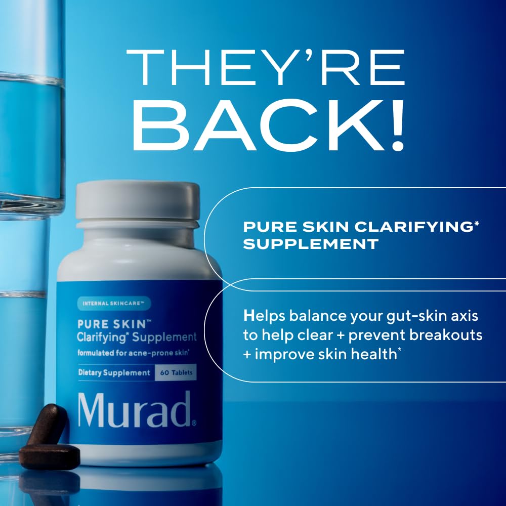 Murad Pure Skin Acne Supplements – 60 Tablets – Clear Skin Support with Blend of Vitamin A & B6, Zinc, Amino Acids, & Burdock Root – Promotes Healthy Skin, Oil Balance, Gut Health & Stress Relief Murad Au supplements