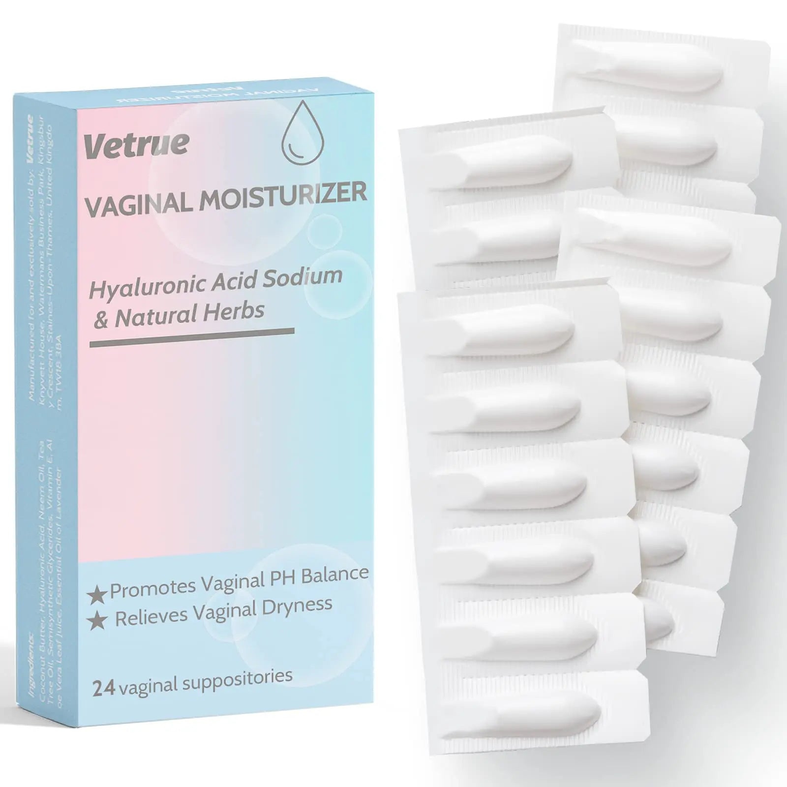 Intimate Moisturizer, Vaginal Suppository for Dryness & Discomfort, Feminine Long Lasting Hydration Support with Hyaluronic Acid and Natural Herbs - PH Balance, Estrogen and Drug Free (24 Inserts) vetrue Au supplements