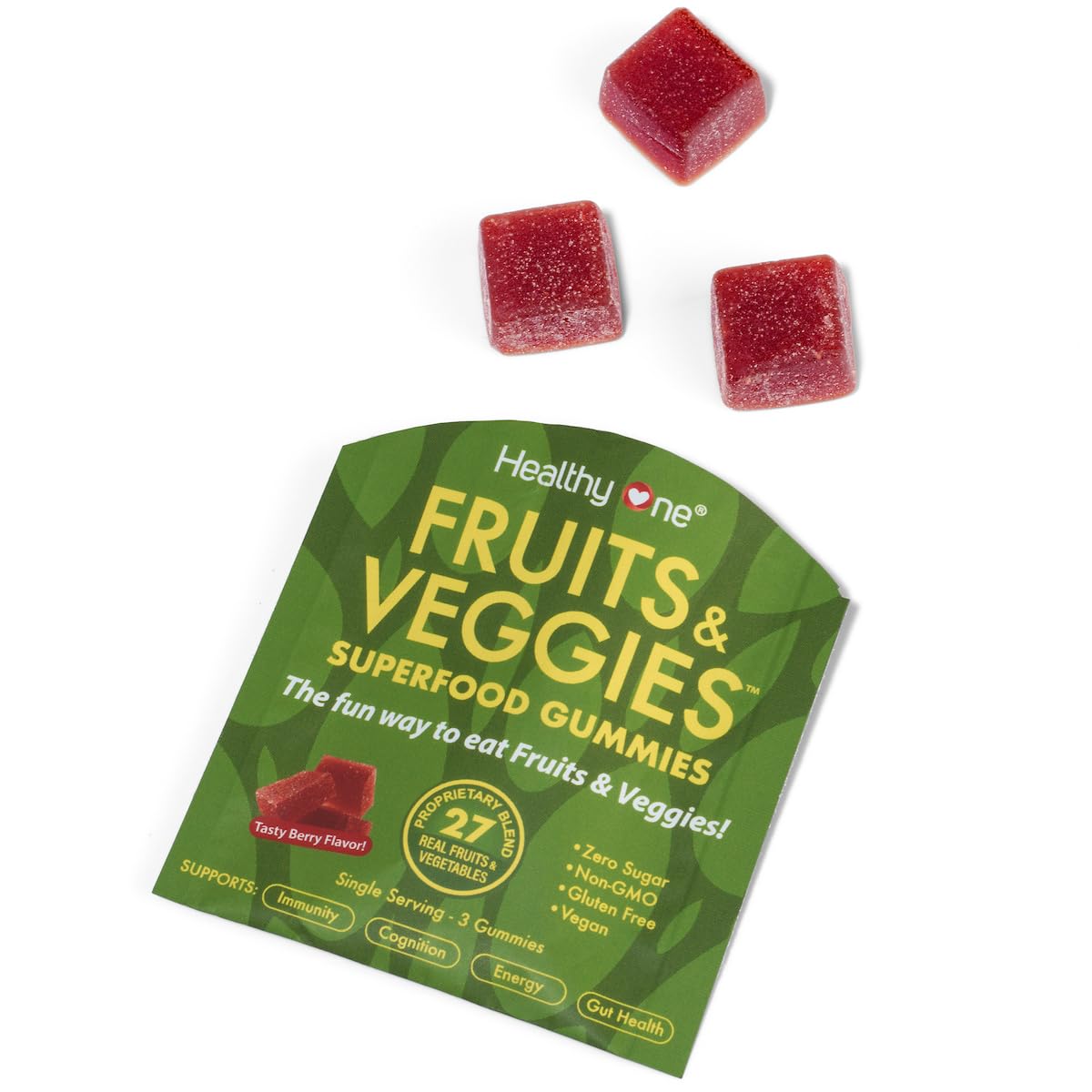 Fruits & Veggies Sugar-Free Gummies - 27 Whole Foods - Equals 3 Servings of Fruits & Vegetables - Improve Energy, Focus & Immune Function - Fiber - Antioxidants - Organic Ingredients - 28 Packets Healthy One Au supplements