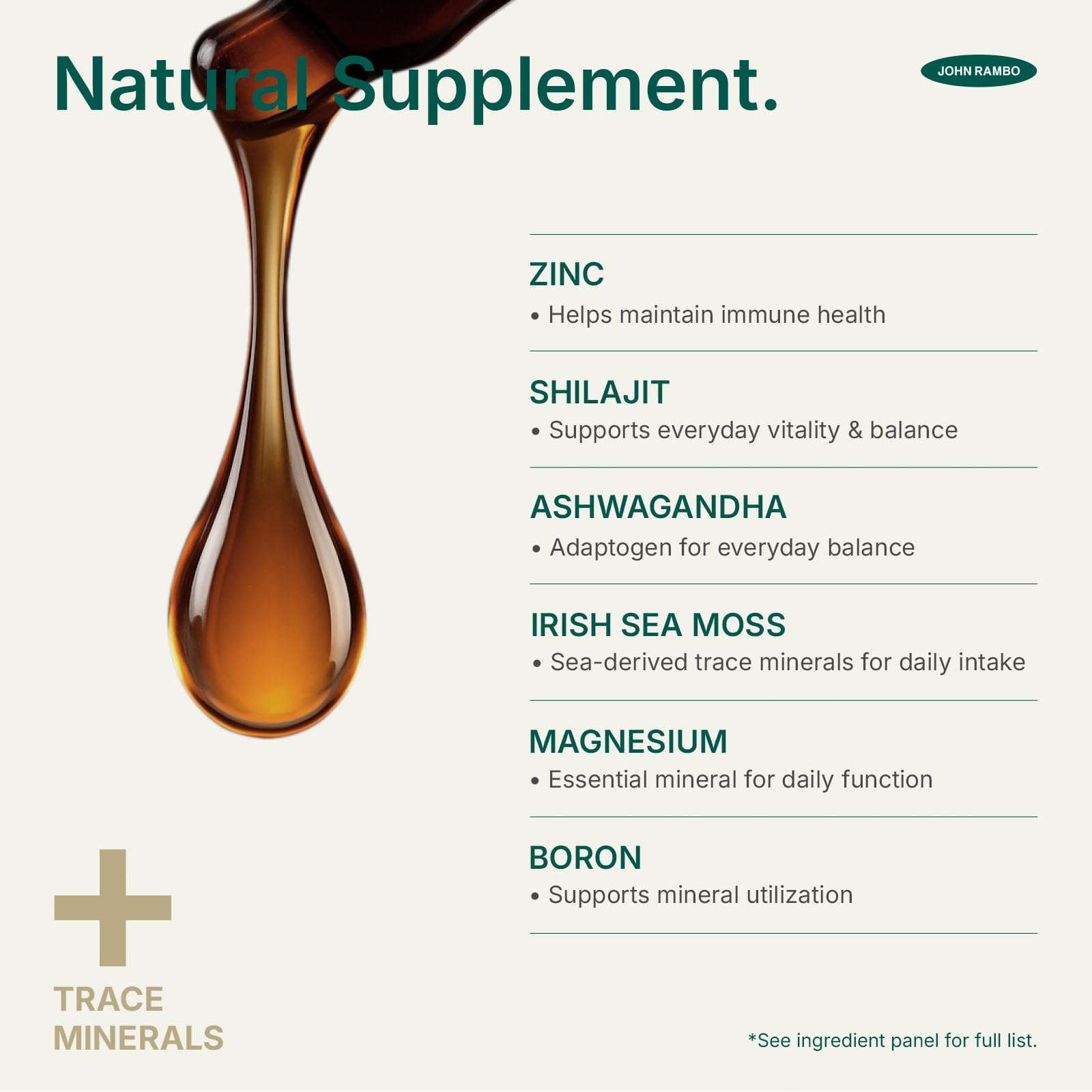 JOHN RAMBO Shilajit Liquid Drops with Sea Moss, Ashwagandha, Zinc, and Magnesium – Liquid Multimineral Supplement for Women and Men – Terra Mineral JOHN RAMBO Au supplements