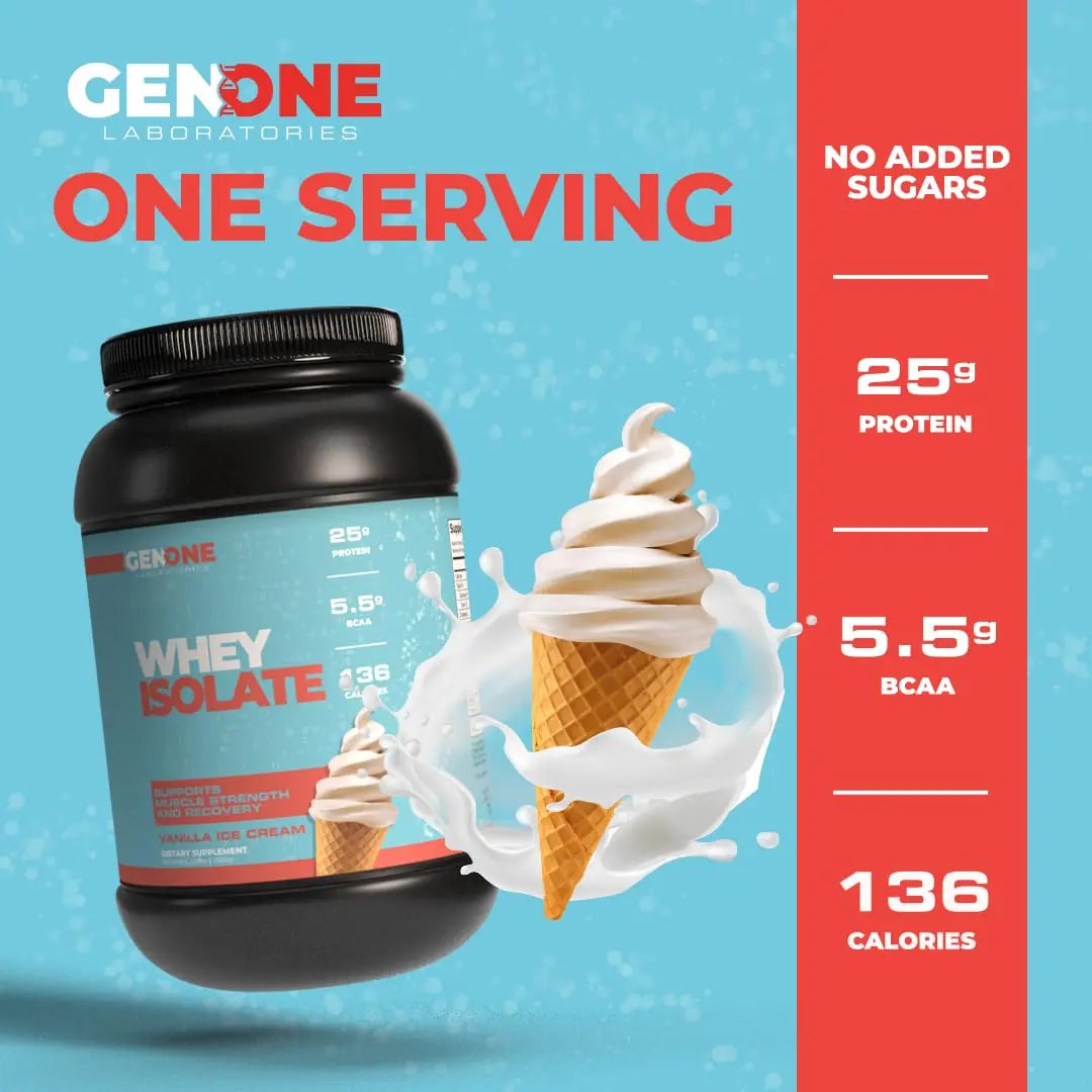 GenOne Whey Protein Powder Isolate, 25g Protein and 5.5g BCAAs per Serving, Vanilla Ice GENONE LABORATORIES Au supplements