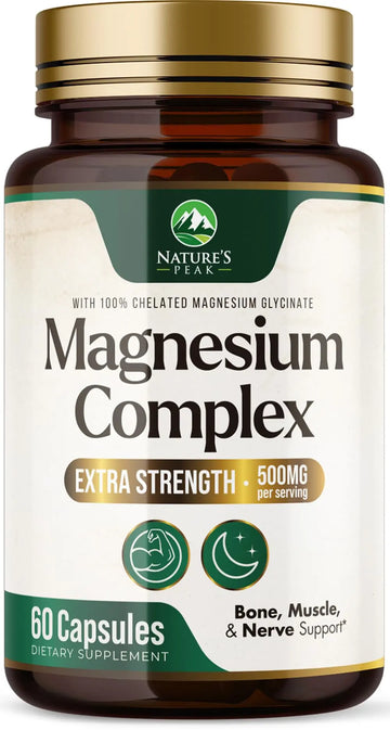 Magnesium Complex Supplement - Magnesium 500mg Per Serving - High Absorption Blend of Glycinate, Citrate, Malate, Oxide - Supports Sleep, Muscle, Bone, Heart Health - Bottled in USA - 60 Capsules Nature's Peak Au supplements