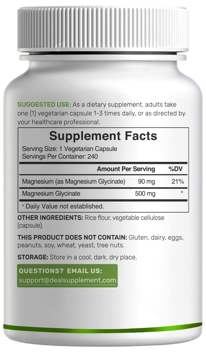 Deal Supplement Magnesium Glycinate 500mg, 240 Veggie Capsules | 100% Chelated for Easy Absorption | Essential Mineral Supplement | Non-GMO, Gluten-Free DEAL SUPPLEMENT Au supplements