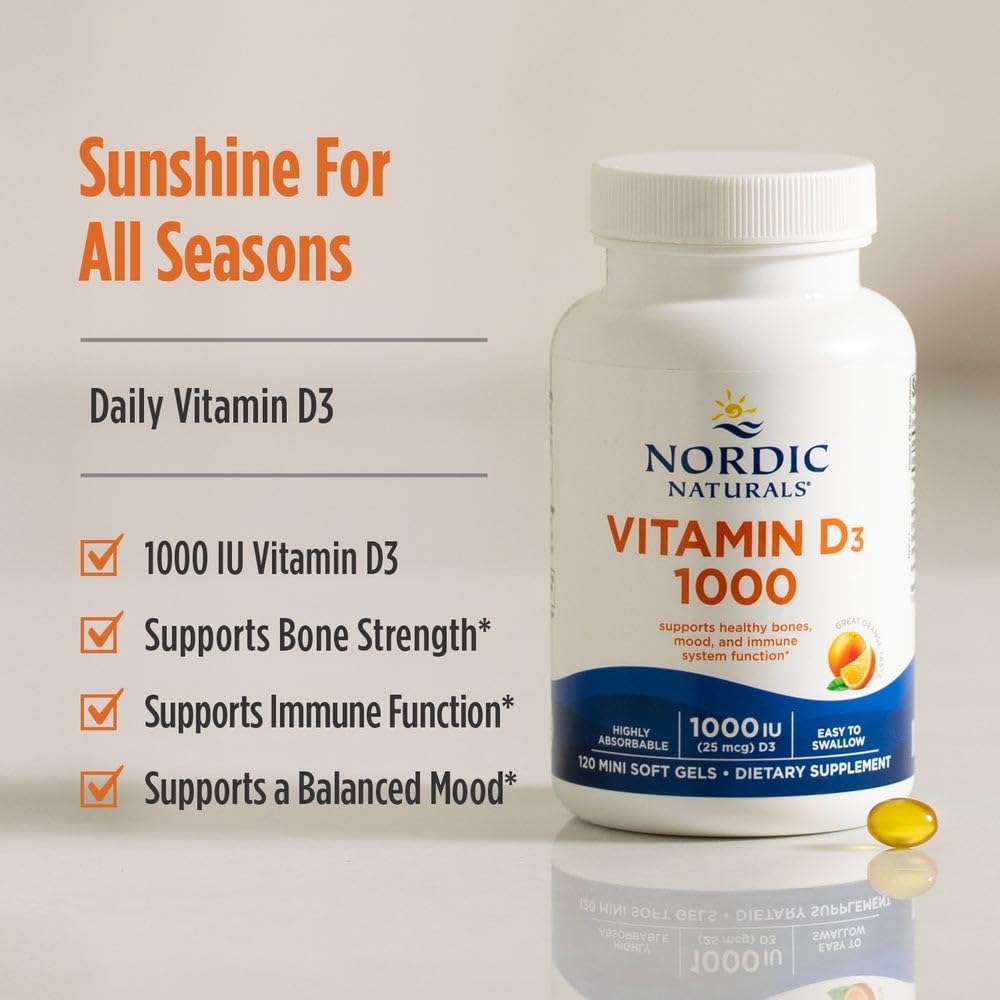 Nordic Naturals Vitamin D3 1000, Orange - 120 Mini Soft Gels - 1000 IU Vitamin D3 - Supports Healthy Bones, Mood & Immune System Function - Non-GMO - 120 Servings Nordic Naturals Au supplements