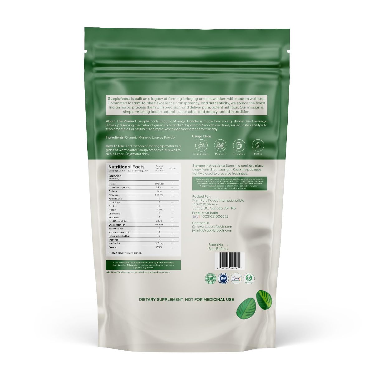 supplefoods Organic Moringa Powder 200 g / 7.05 oz | 100% Natural Green Superfood | Assists Digestion & Daily Detox | Finely Milled Moringa Leaf Powder | USDA Certified Organic Dietary Supplement supplefoods Au supplements