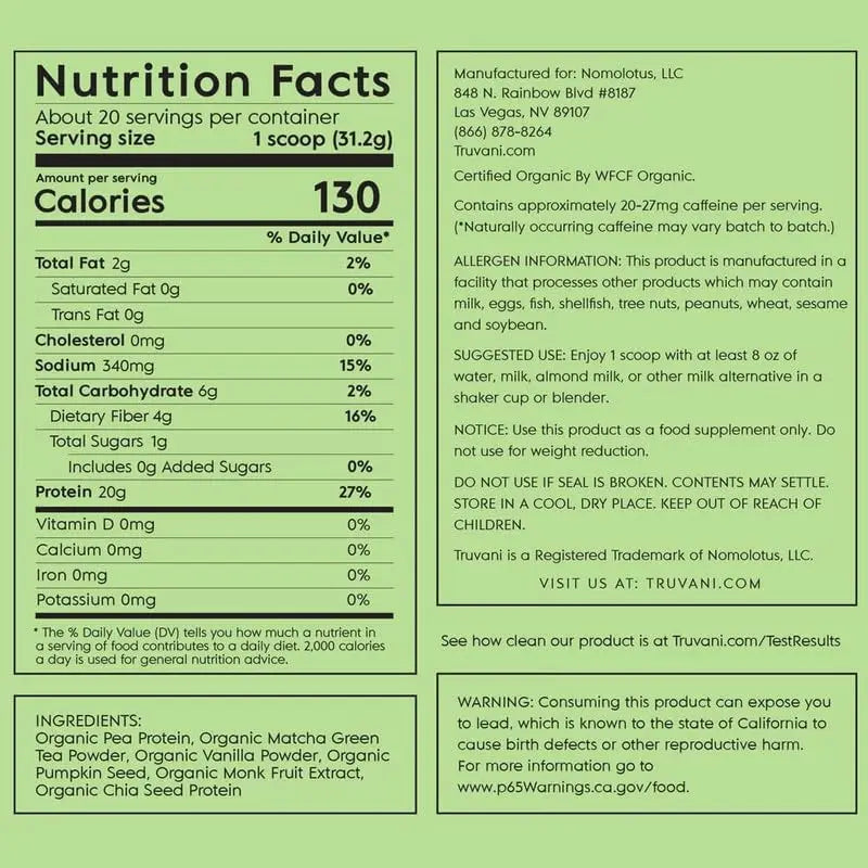 Truvani Organic Vegan Protein Powder Matcha - 20g of Plant Based, Organic Protein Truvani Au supplements