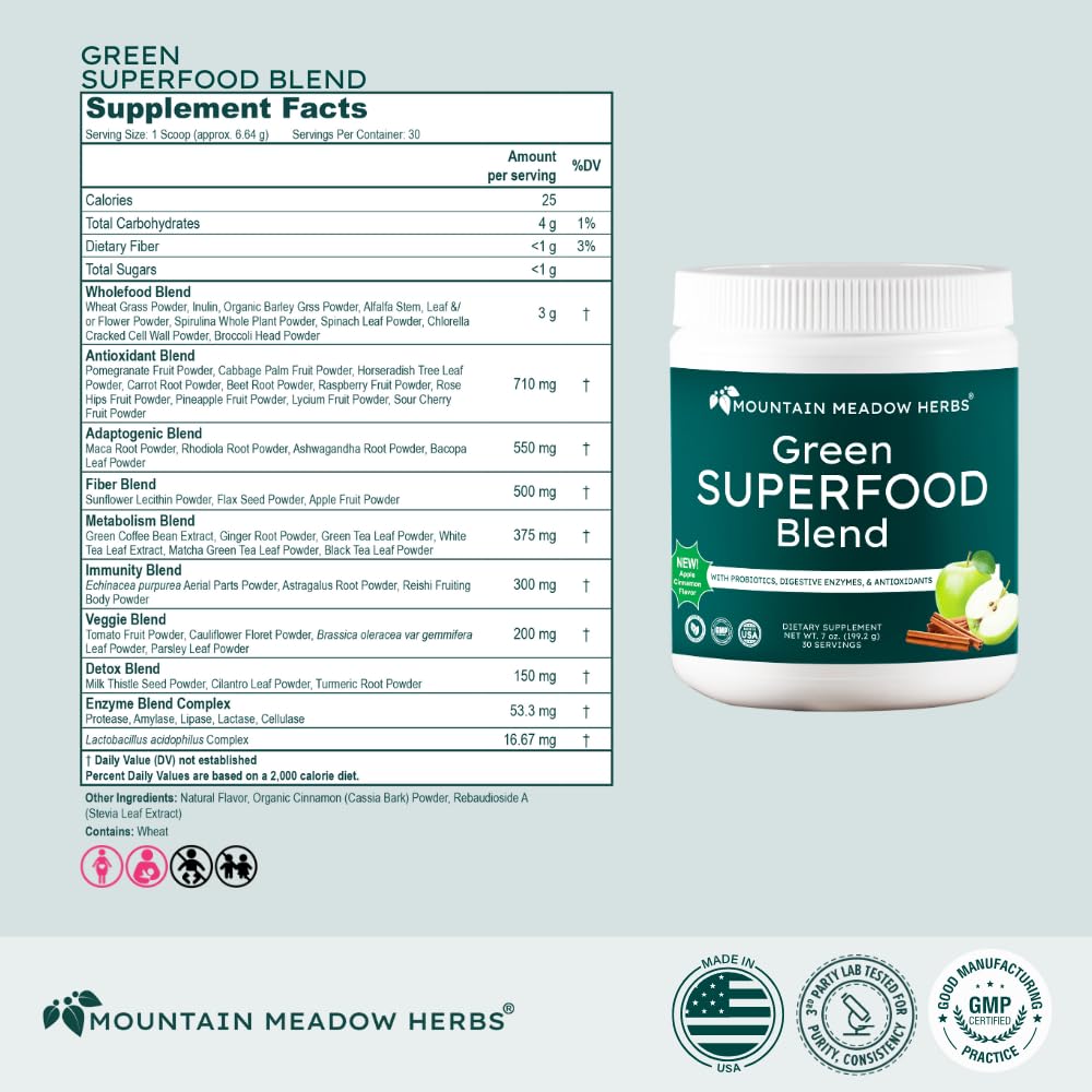 Mountain Meadow Herbs Green Superfood Blend – Spirulina, Chlorella, Mushrooms, Probiotics, Digestive Enzymes, Antioxidants – Organic Greens Powder for Energy & Gut Health – 30 Servings Mountain Meadow Herbs Au supplements