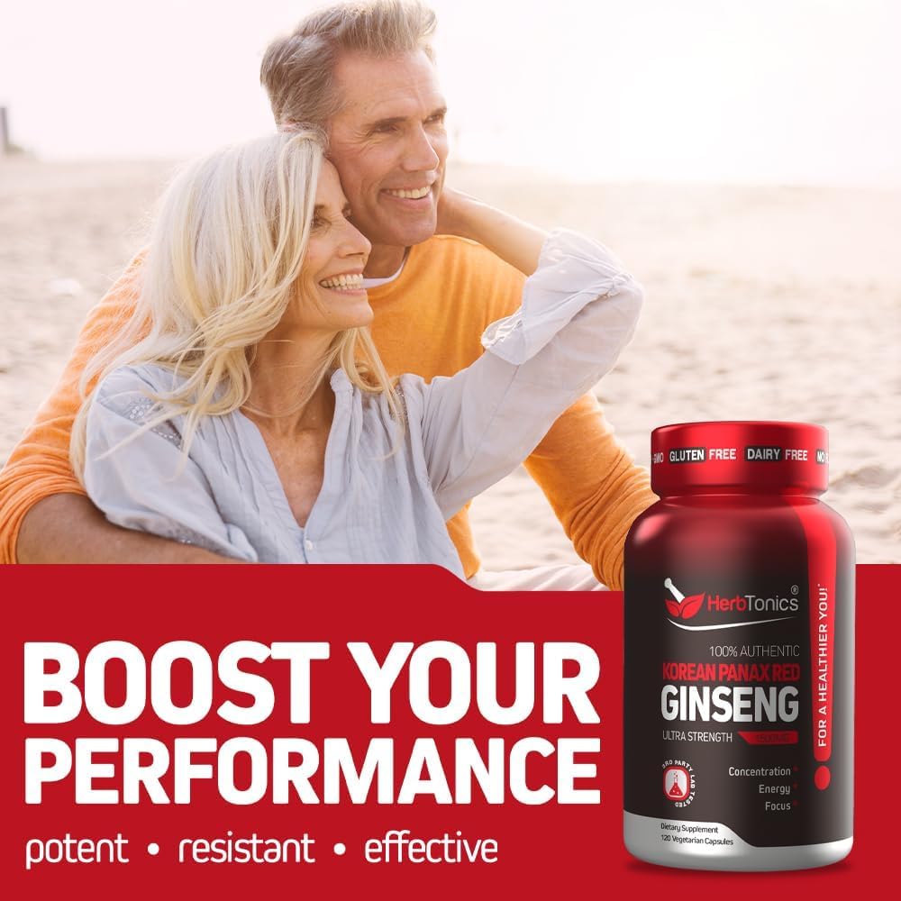Herbtonics Korean Red Panax Ginseng 1500mg - Energy Supplement for Peak Performance, Focus & Vitality - High Potency Ginseng Root Extract - 120 Vegan Capsules Herbtonics Au supplements
