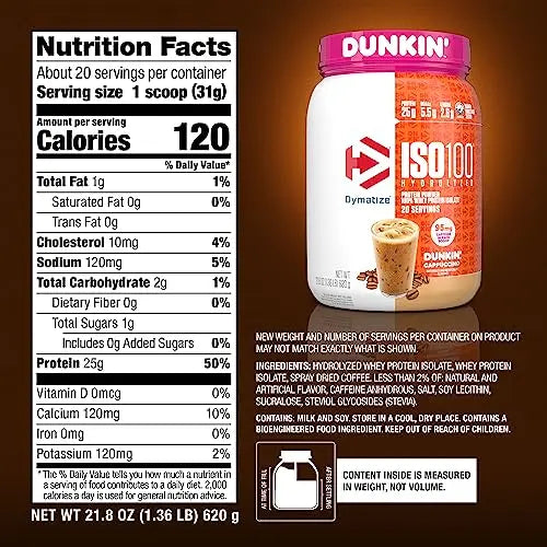 Dymatize ISO100 Hydrolyzed 100% Whey Isolate Protein Powder in Dunkin' Cappuccino Dymatize Au supplements