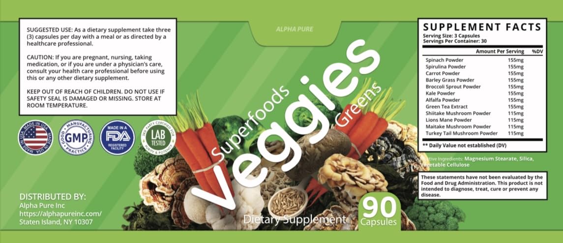 Alpha Pure Superfoods Reds Fruits and Greens 180 Capsules Vegetables Fruits and Veggies Superfood | Natural Balance of 90 Fruit Capsules, 90 Veggie Capsules for Men, Women Vitamins and Minerals Alpha Pure Au supplements