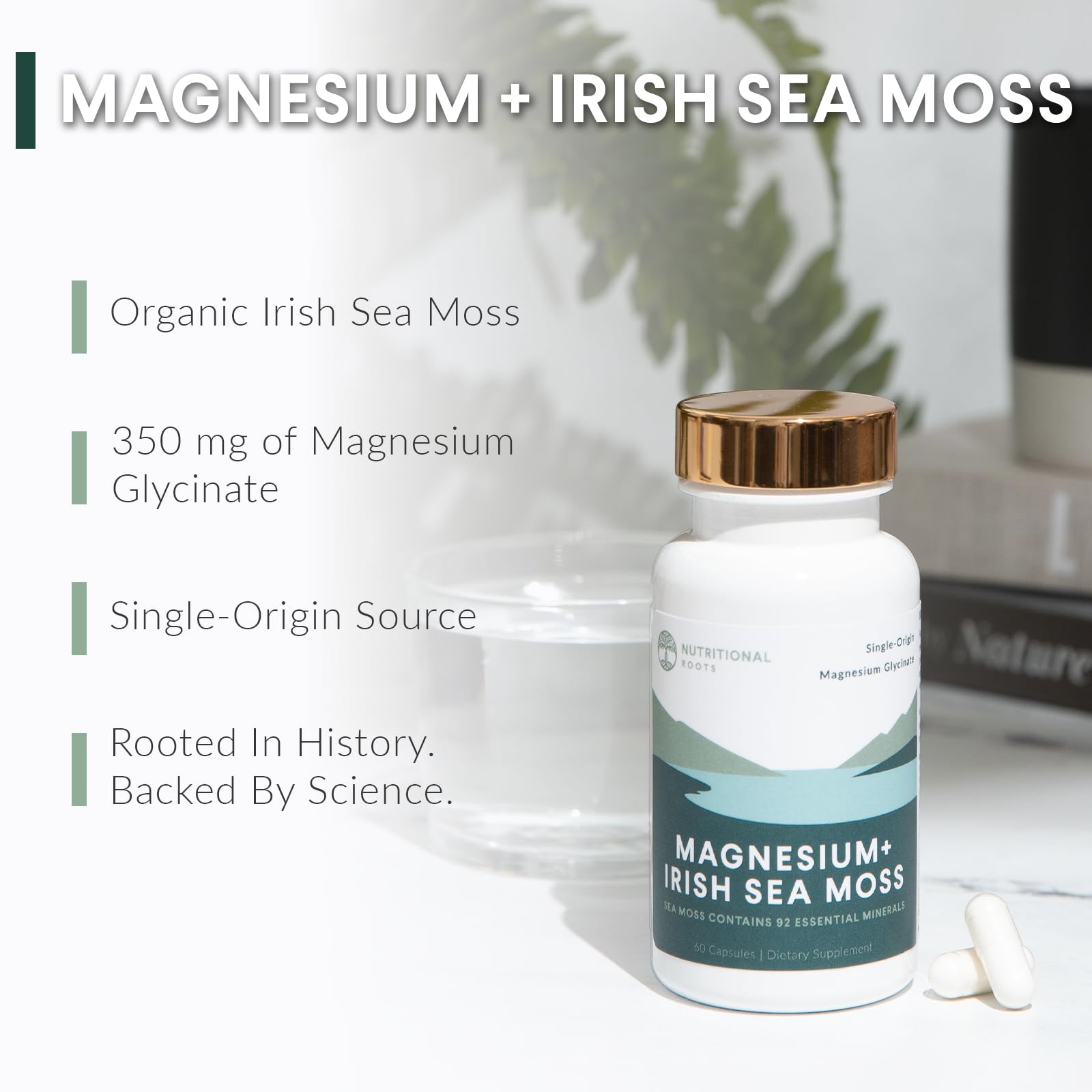 Nutritional Roots - Magnesium + Irish Sea Moss - 350mg Magnesium Glycinate & Organic Irish Sea Moss - Essential Minerals - Supports Heart & Bone Health - Dietary Supplement - 30 Servings - 60 Capsules Nutritional Roots Au supplements