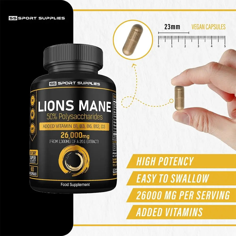 Lions Mane Supplement High Strength 26,000mg Plus 5 Vitamins SS Sport Supplies Au supplements