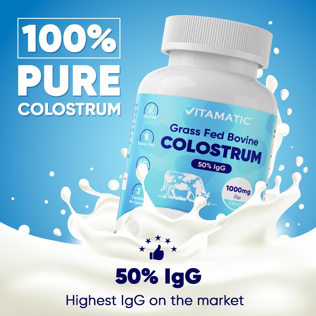 Vitamatic Bovine Colostrum Supplement 1000 mg per Serving - 50% Highest IgG - Supplement for Gut Health, Hair Growth, Beauty, Muscle Recovery, & Immune Support - 120 Capsules Vitamatic Au supplements