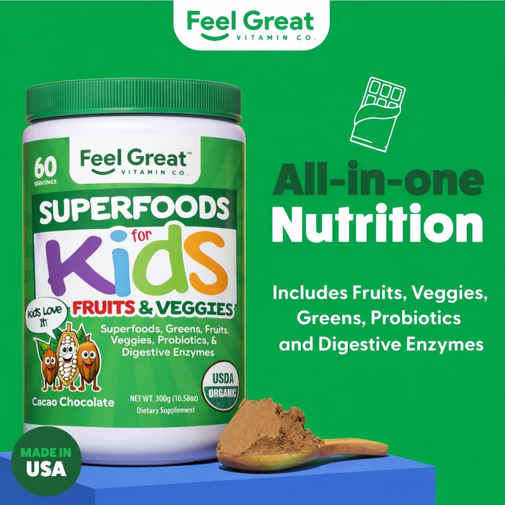 Feel Great USDA Organic Super Greens Powder for Kids - Cocao Chocolate | Fruit & Veggie Supplement | Superfood Powder with Probiotics & Digestive Enzymes for Digestive Health | 60 Days Supply The Feel Great Vitamin Company Au supplements