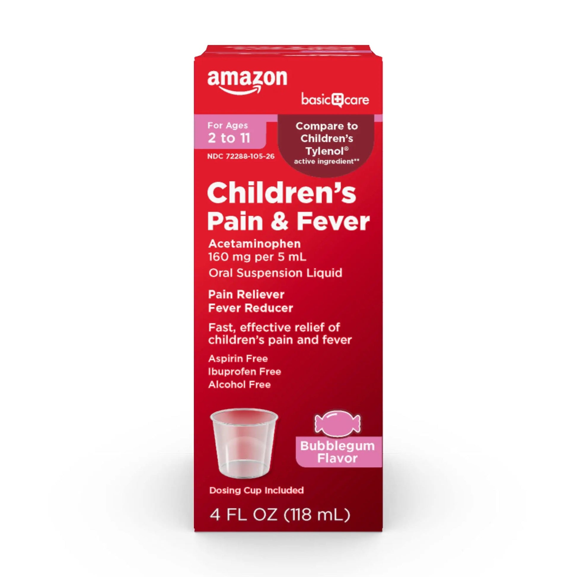 Amazon Basic Care Children's Pain Reliever and Fever Reducer, Acetaminophen 160 mg per 5 ml, Bubblegum Flavor, for Headache and Sore Throat, Ages 2-11 Years, 4 fl oz Amazon Basic Care Au supplements