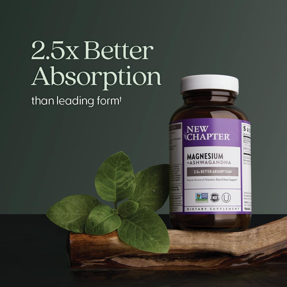 New Chapter Magnesium + Ashwagandha Supplement, 325 mg with Magnesium Glycinate for Muscle Relaxation & Recovery, Heart, Nerve & Bone Health, 2.5X Absorption, Non-GMO - 30 ct (1 Month Supply) New Chapter Au supplements