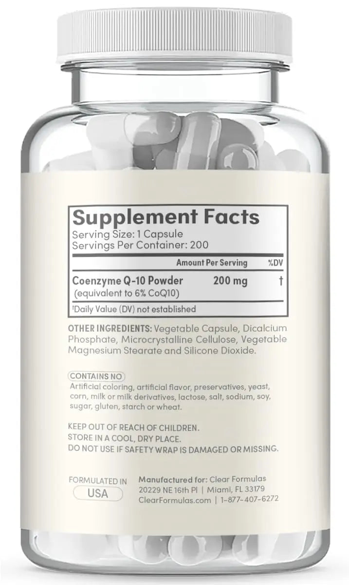 Clear Formulas CoQ10 200mg 200 Capsules Quick Absorption Non-GMO Clear Formulas Au supplements