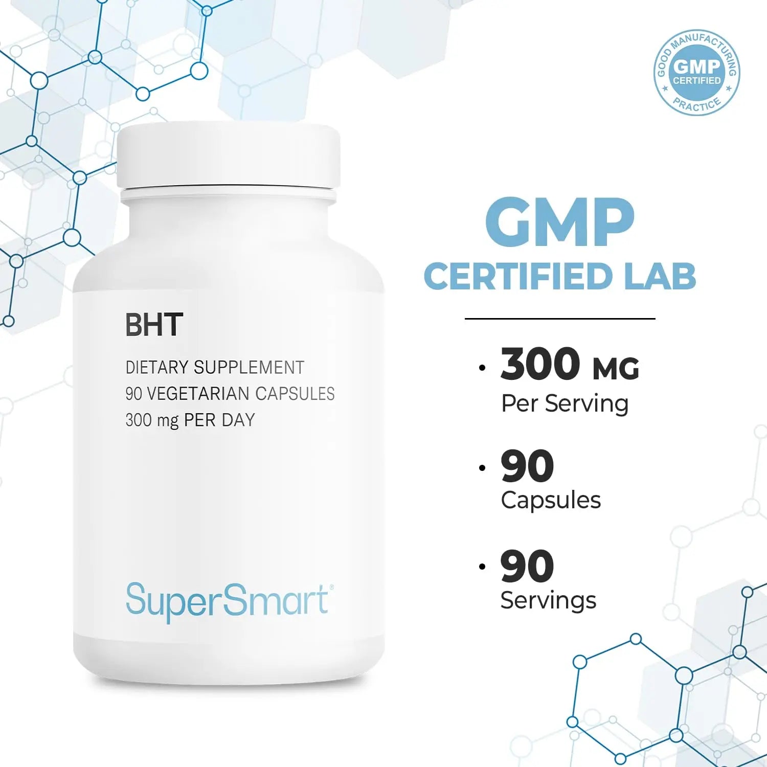 Supersmart - BHT Supplement 300mg per Day - Butylated Hydroxytoluene | Non-GMO & Gluten Free - 90 Vegetarian Capsules Supersmart Au supplements